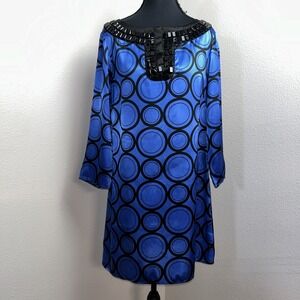 Michael Kors Dress Women's 8 70's Retro Beaded Neck Blue & Black Geo 3/4 Sleeve